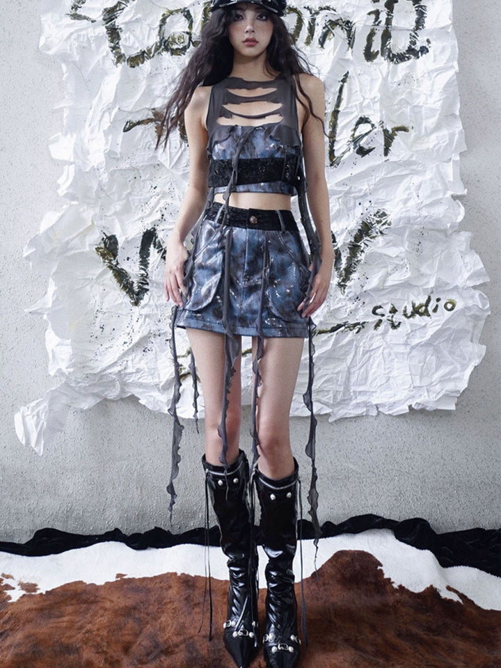 Y2K Metallic Fringe Mini Skirt