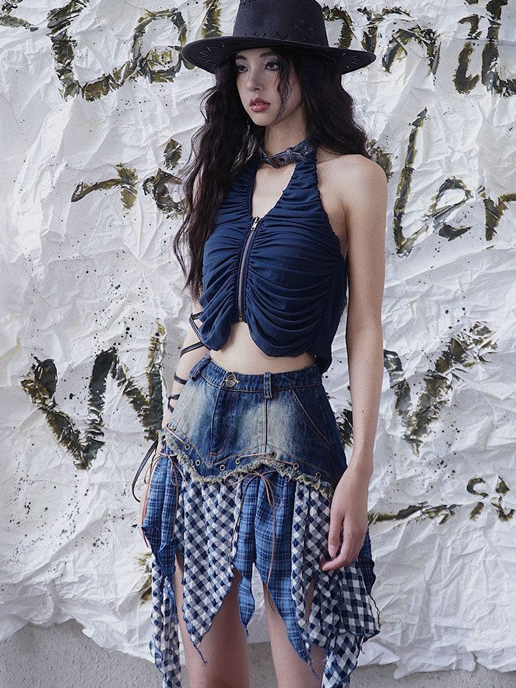 Ruched Zip-Front Halter Top