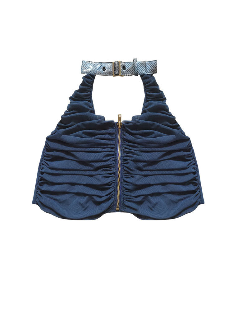 Ruched Zip-Front Halter Top