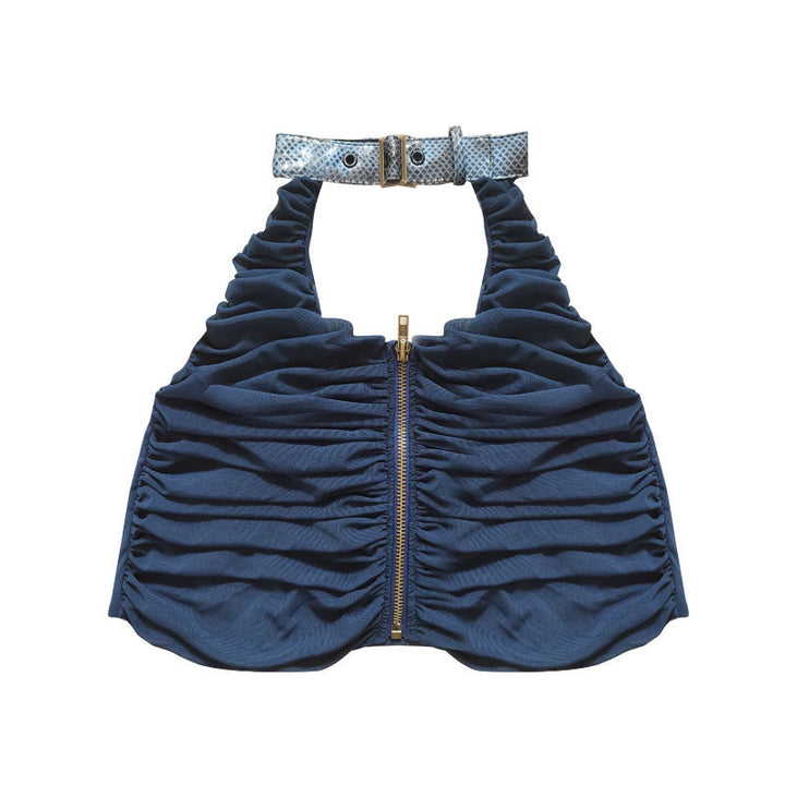 Ruched Zip-Front Halter Top