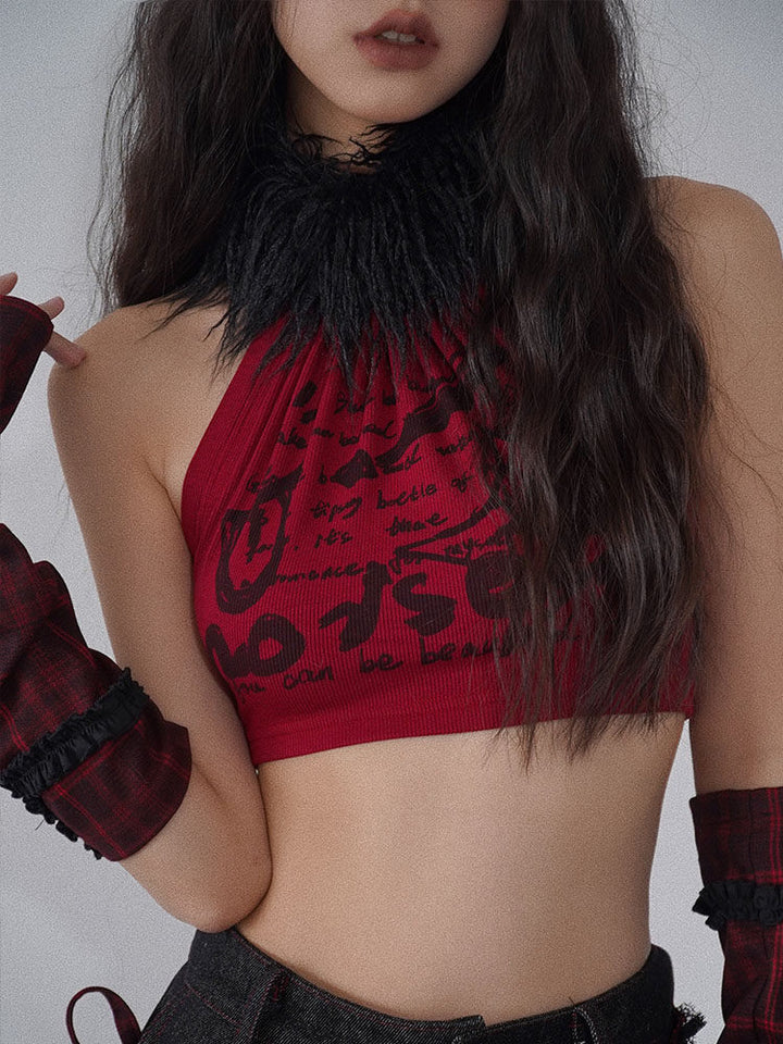 Punk Fuzzy Collar Halter Top