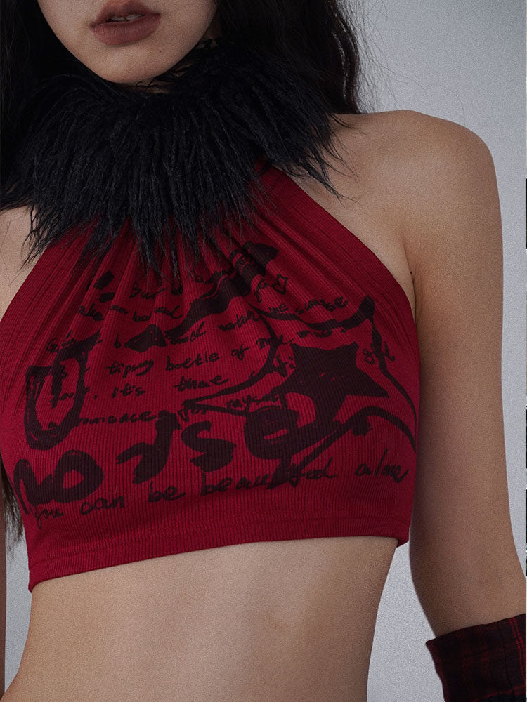 Punk Fuzzy Collar Halter Top