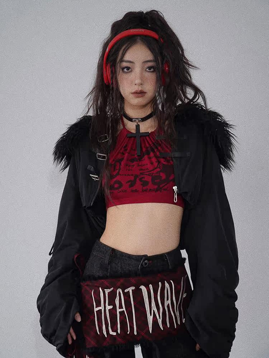 Punk Fuzzy Collar Halter Top
