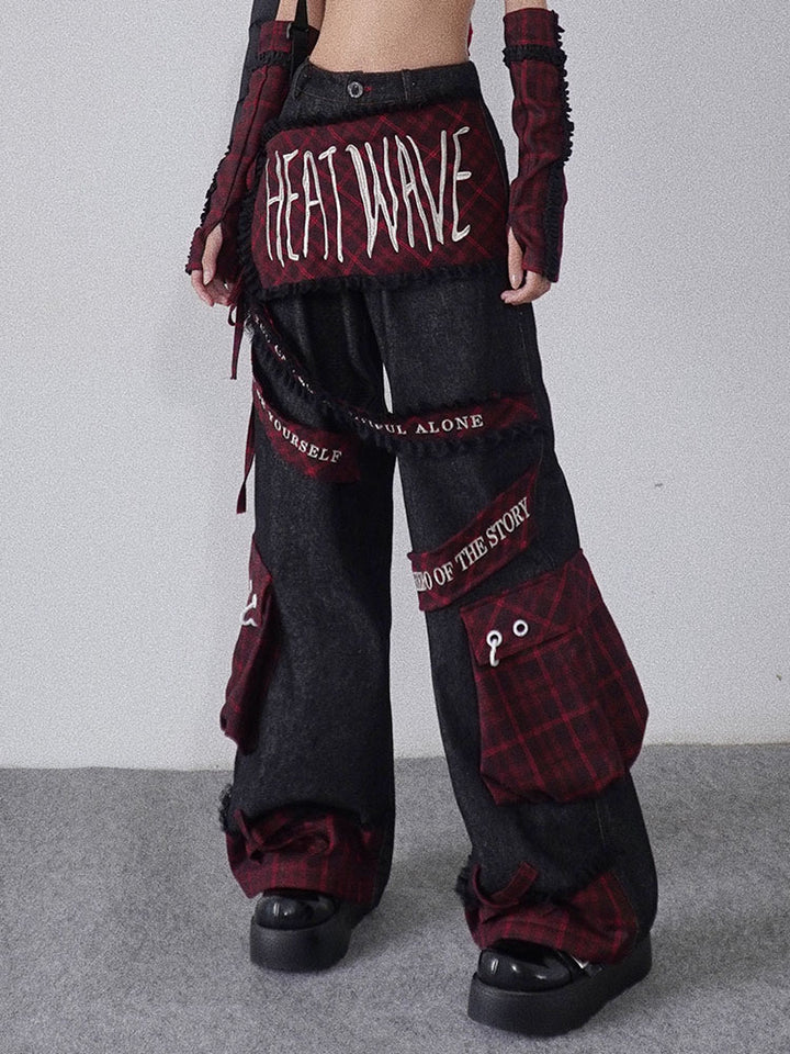 Punk Embroidered Letter Plaid Patchwork Wide Leg Jeans