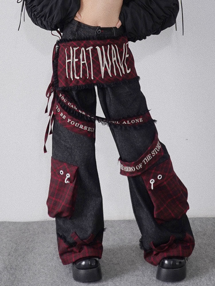 Punk Embroidered Letter Plaid Patchwork Wide Leg Jeans