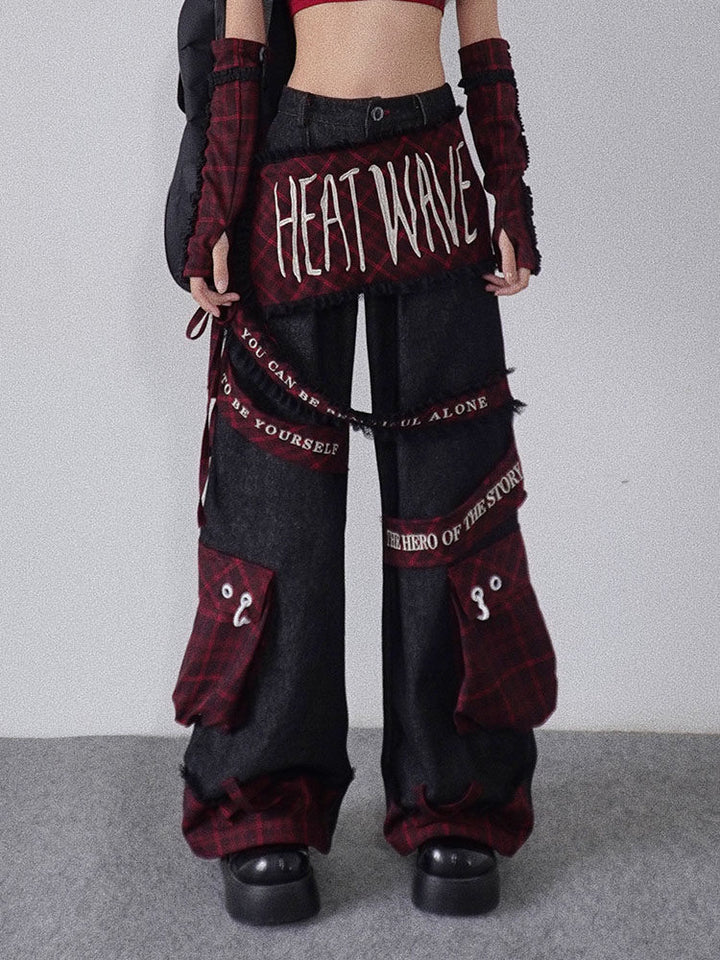 Punk Embroidered Letter Plaid Patchwork Wide Leg Jeans
