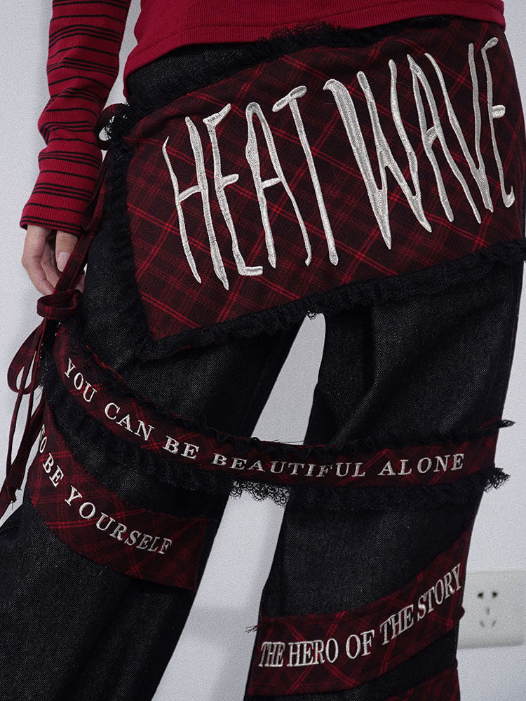 Punk Embroidered Letter Plaid Patchwork Wide Leg Jeans