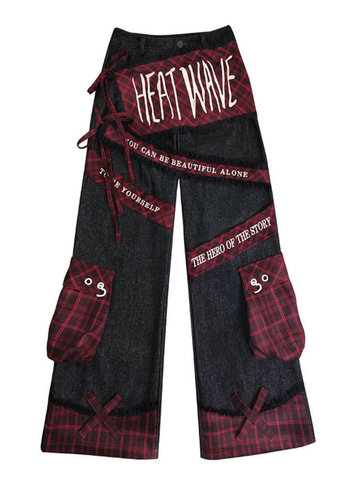Punk Embroidered Letter Plaid Patchwork Wide Leg Jeans