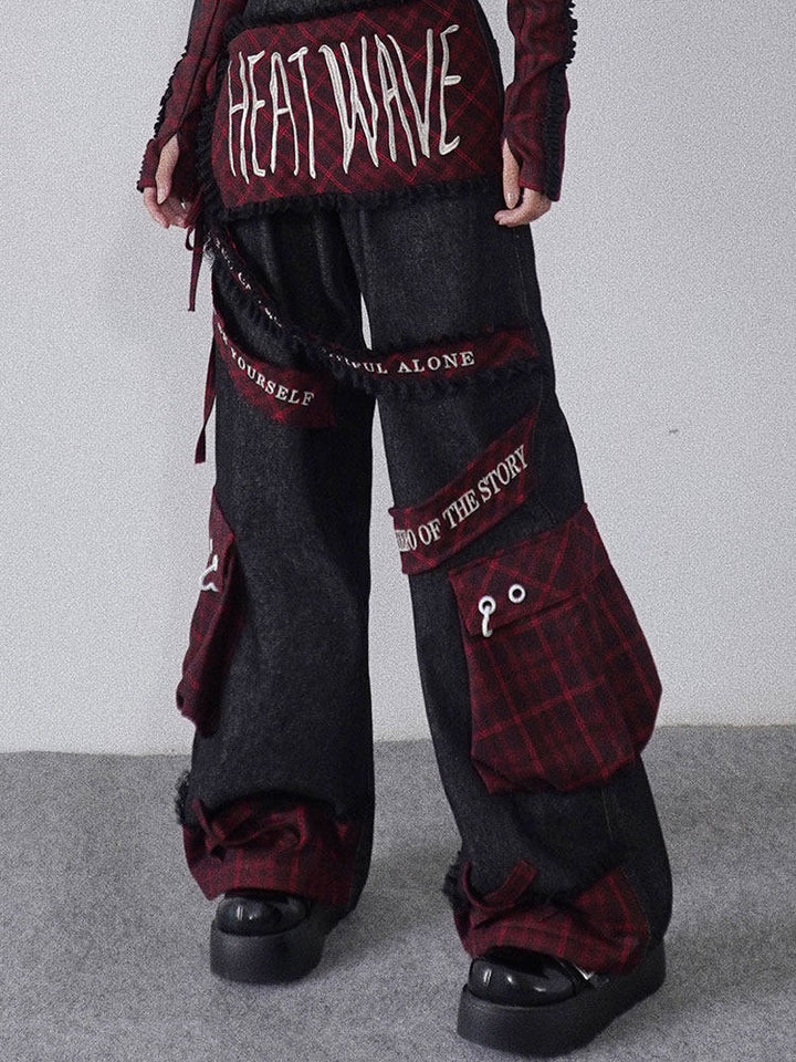 Punk Embroidered Letter Plaid Patchwork Wide Leg Jeans