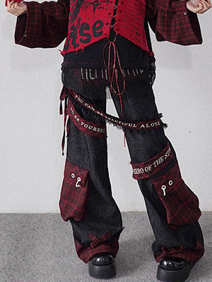 Punk Embroidered Letter Plaid Patchwork Wide Leg Jeans