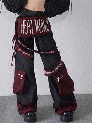 Punk Embroidered Letter Plaid Patchwork Wide Leg Jeans