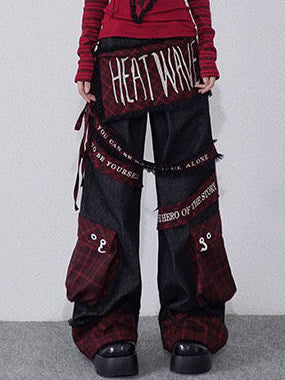 Punk Embroidered Letter Plaid Patchwork Wide Leg Jeans