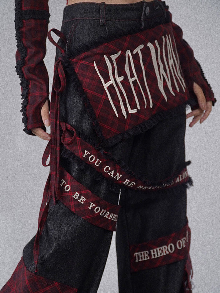 Punk Embroidered Letter Plaid Patchwork Wide Leg Jeans