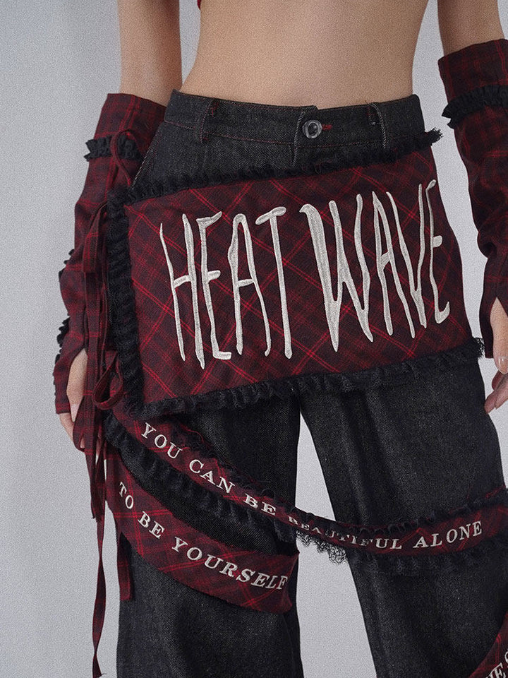 Punk Embroidered Letter Plaid Patchwork Wide Leg Jeans