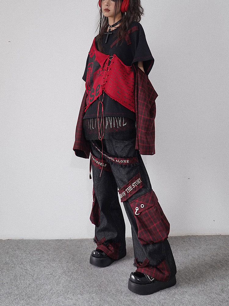 Punk Embroidered Letter Plaid Patchwork Wide Leg Jeans
