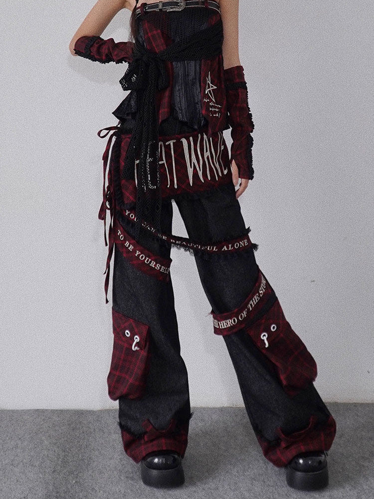 Punk Embroidered Letter Plaid Patchwork Wide Leg Jeans