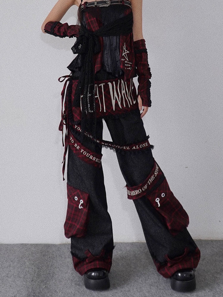 Punk Embroidered Letter Plaid Patchwork Wide Leg Jeans