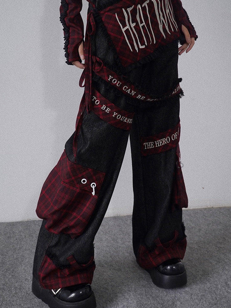 Punk Embroidered Letter Plaid Patchwork Wide Leg Jeans