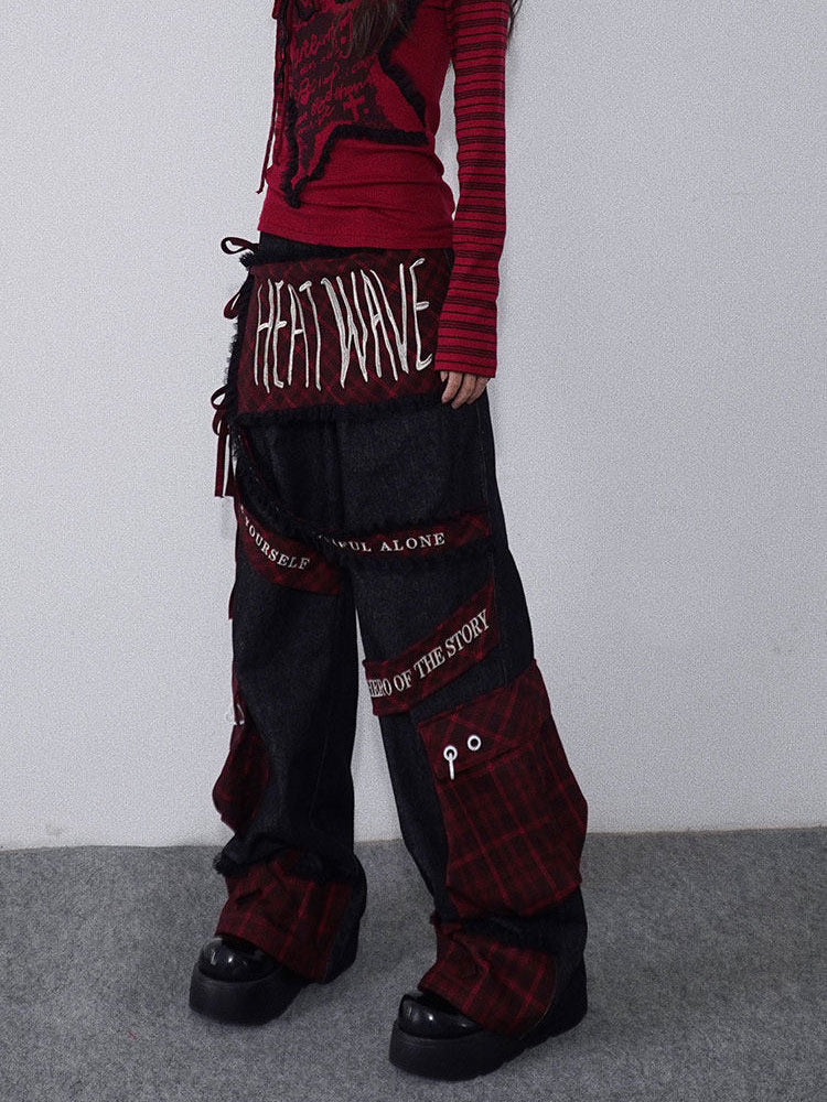Punk Embroidered Letter Plaid Patchwork Wide Leg Jeans