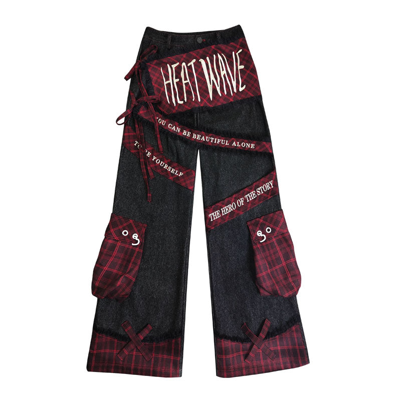 Punk Embroidered Letter Plaid Patchwork Wide Leg Jeans