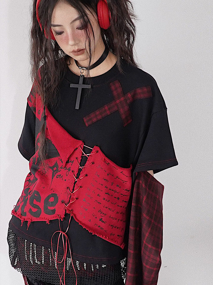 Punk Lace-Up Patchwork Sweatshirt