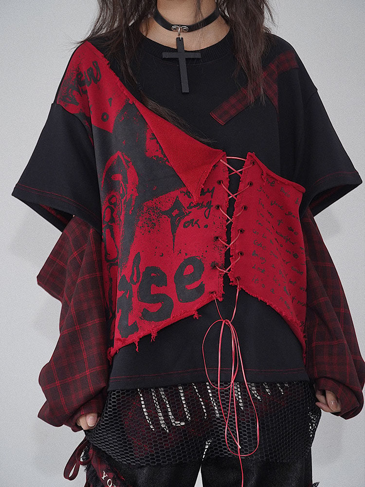Punk Lace-Up Patchwork Sweatshirt