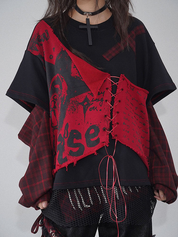 Punk Lace-Up Patchwork Sweatshirt