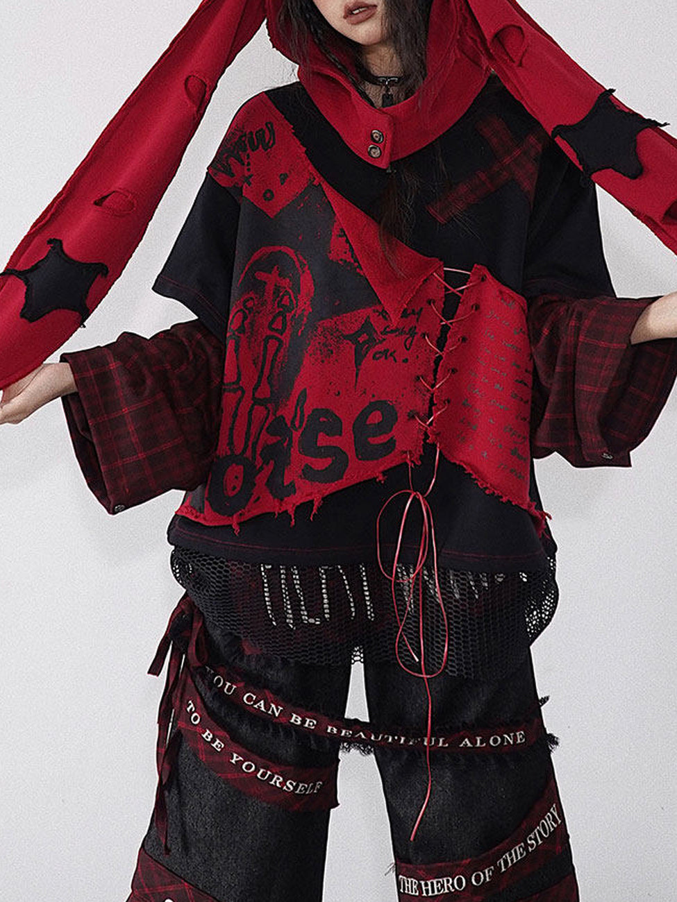 Punk Lace-Up Patchwork Sweatshirt
