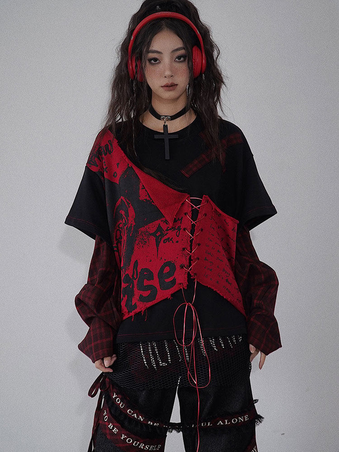 Punk Lace-Up Patchwork Sweatshirt