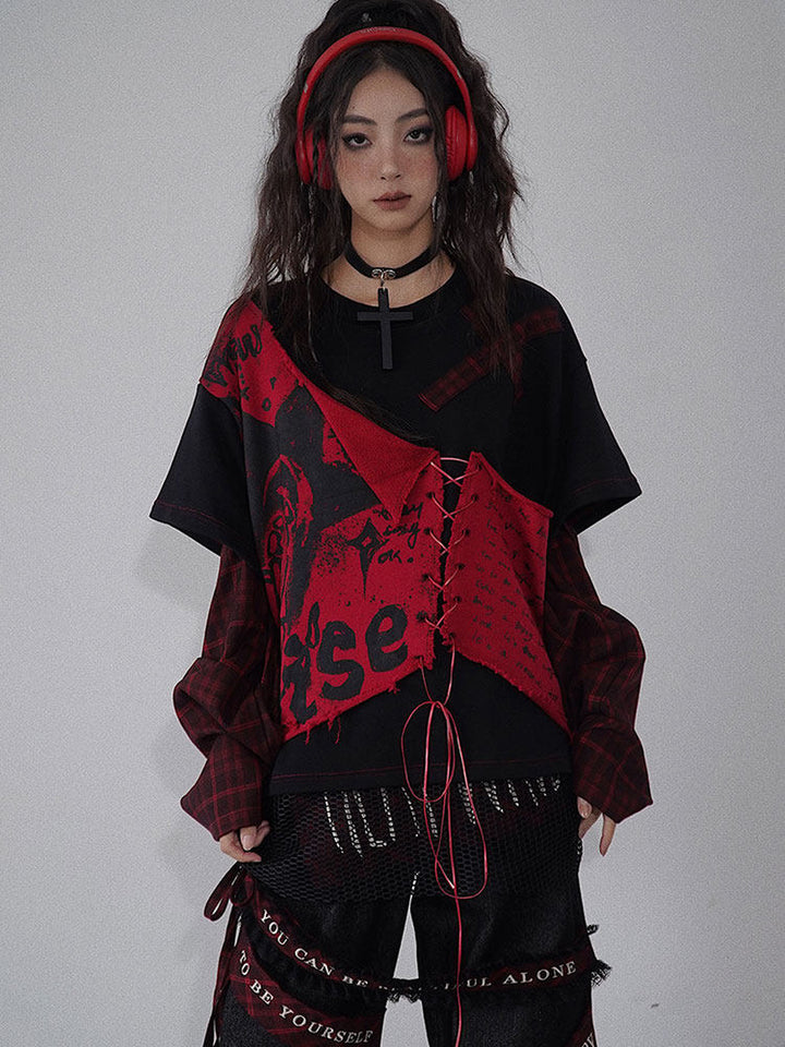 Punk Lace-Up Patchwork Sweatshirt