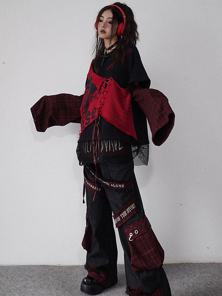 Punk Lace-Up Patchwork Sweatshirt