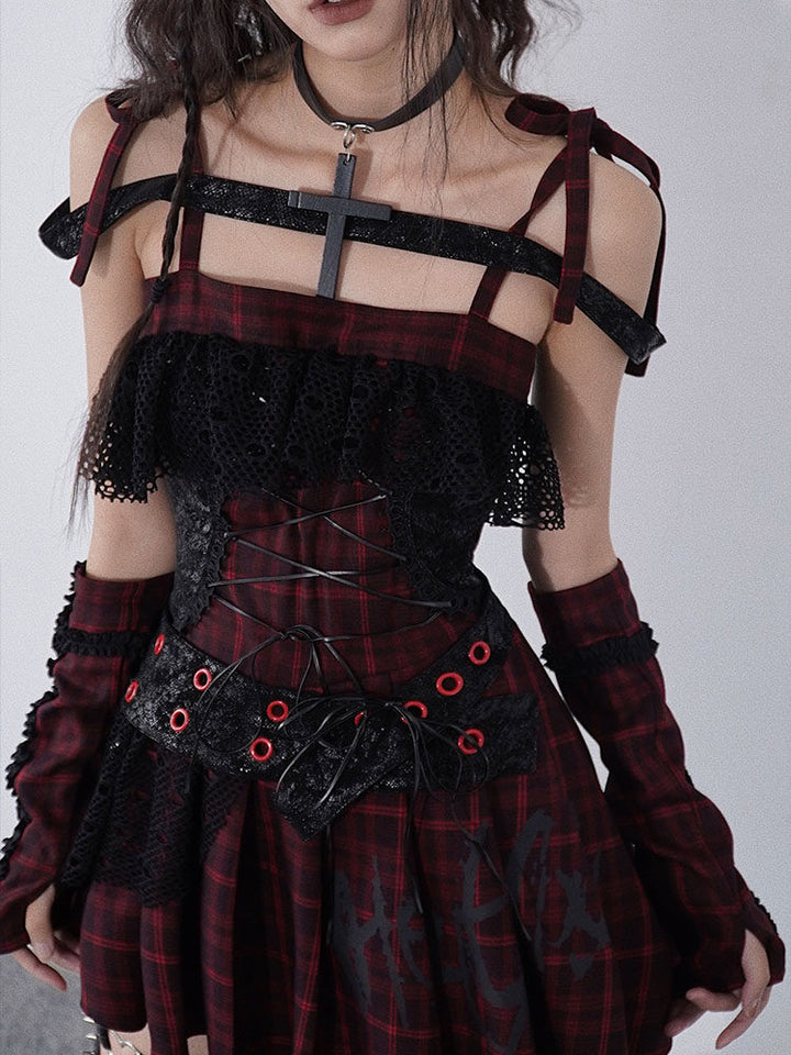 Gothic Lace-Up Plaid Mini Dress