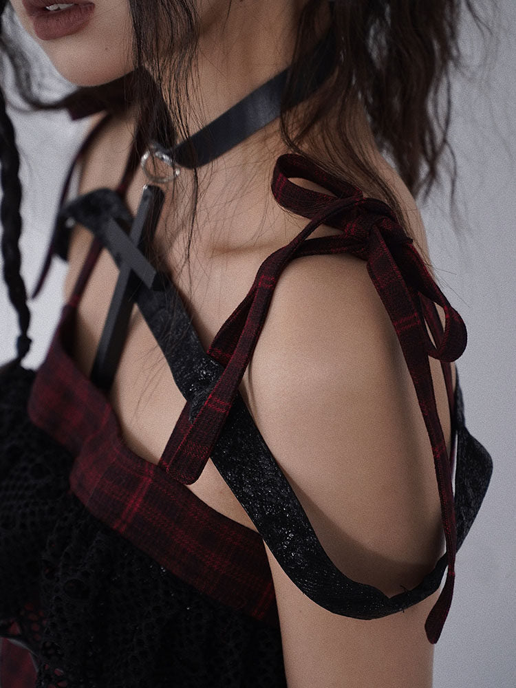 Gothic Lace-Up Plaid Mini Dress