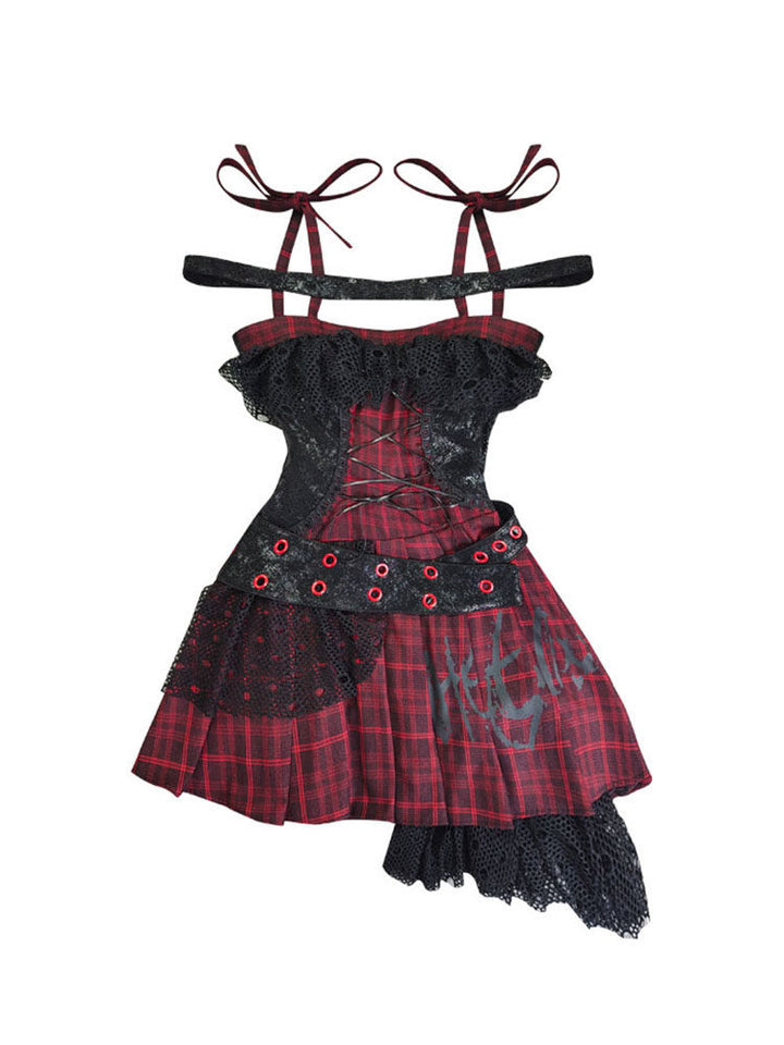 Gothic Lace-Up Plaid Mini Dress