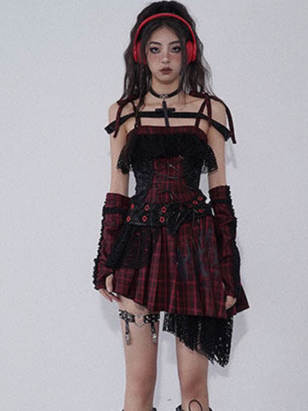 Gothic Lace-Up Plaid Mini Dress