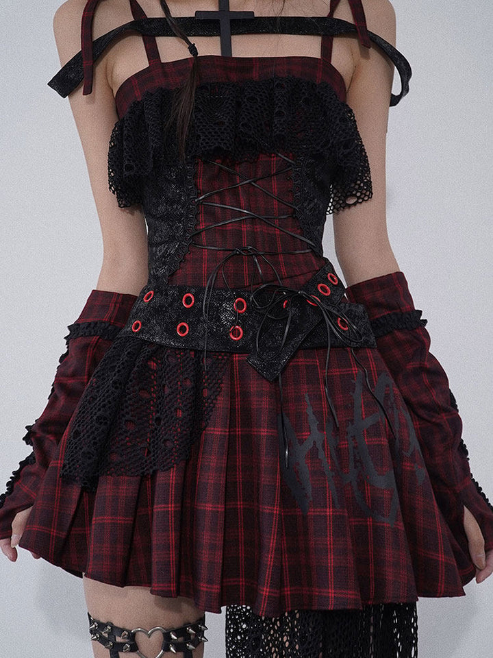 Gothic Lace-Up Plaid Mini Dress