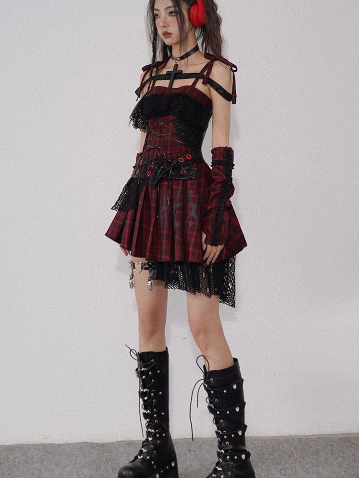 Gothic Lace-Up Plaid Mini Dress
