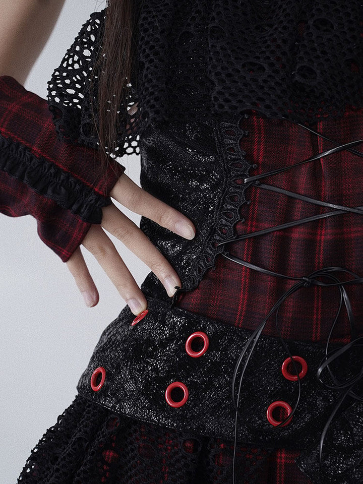 Gothic Lace-Up Plaid Mini Dress