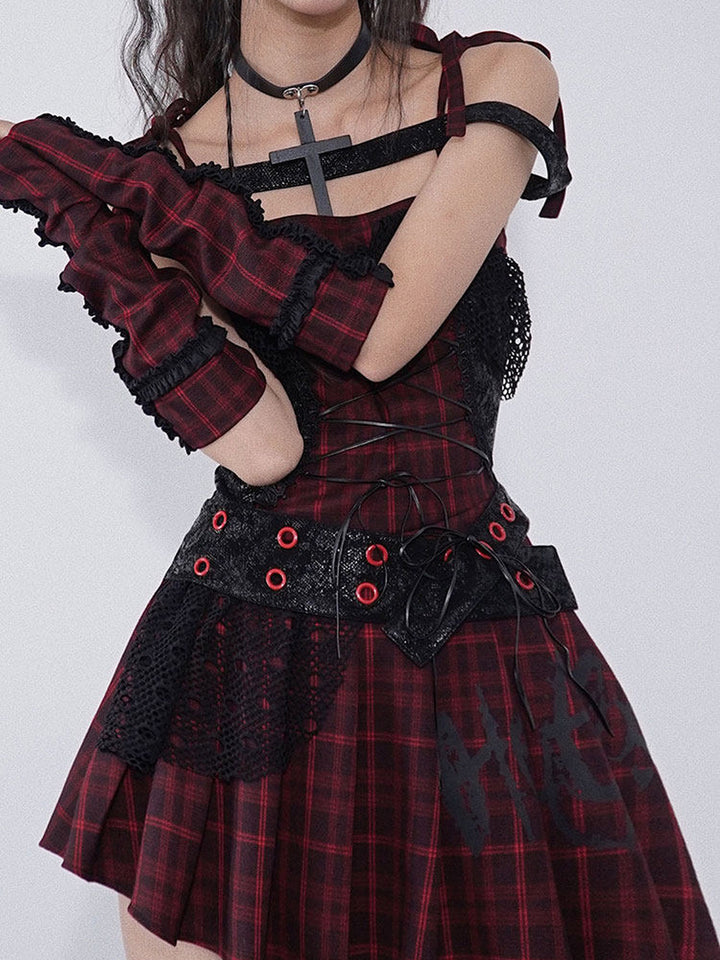 Gothic Lace-Up Plaid Mini Dress