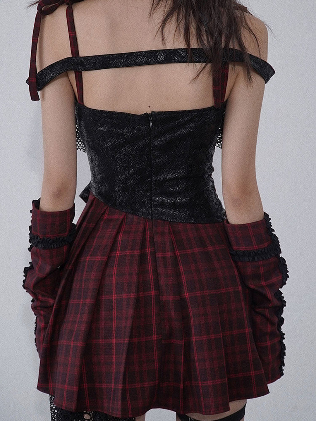 Gothic Lace-Up Plaid Mini Dress