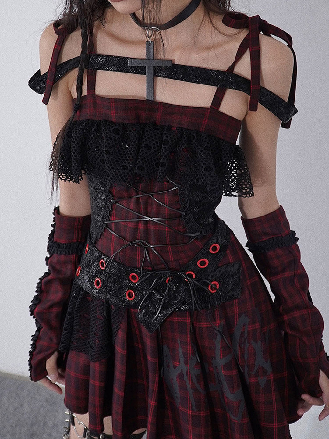 Gothic Lace-Up Plaid Mini Dress