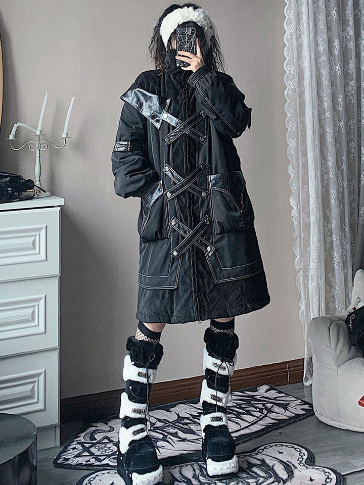 Gothic Cross-Strap Longline Padded Coat