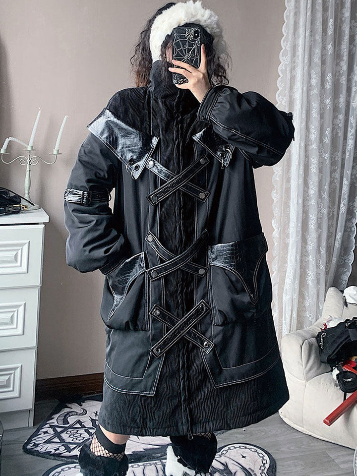 Gothic Cross-Strap Longline Padded Coat