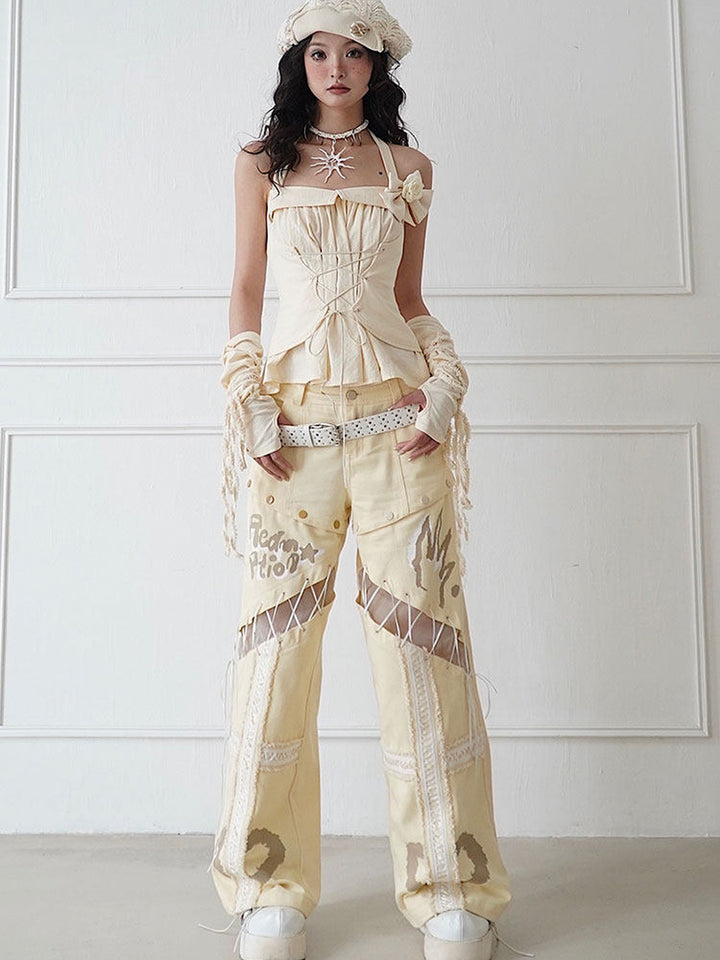 Convertible Lace-Up Wide Leg Jeans