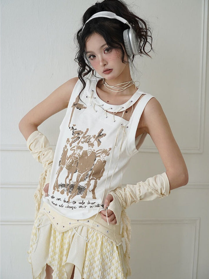 Y2K Lace-Up Graphic Tank Top