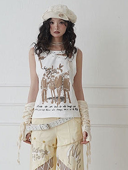 Y2K Lace-Up Graphic Tank Top