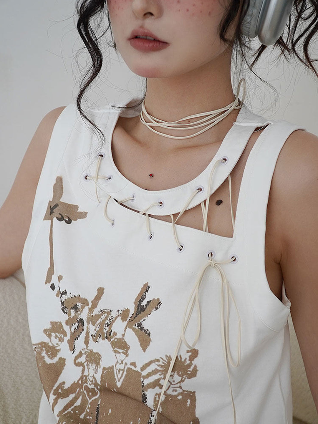 Y2K Lace-Up Graphic Tank Top