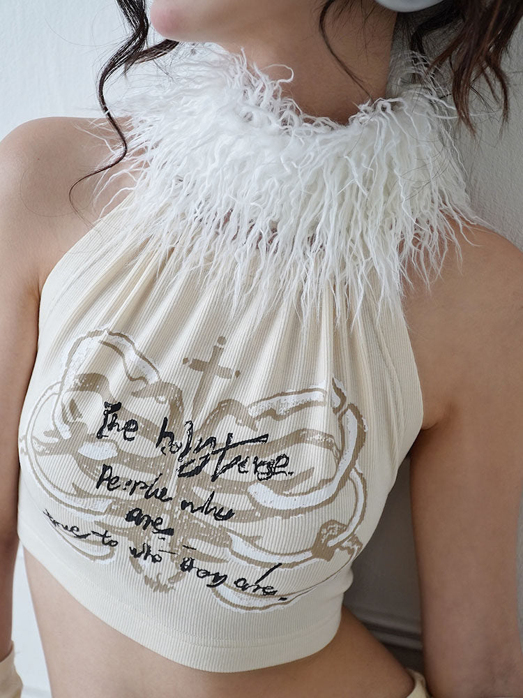 Fuzzy Collar Graphic Halter Top