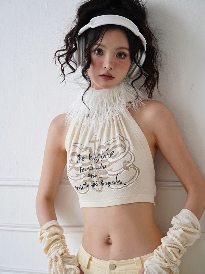 Fuzzy Collar Graphic Halter Top