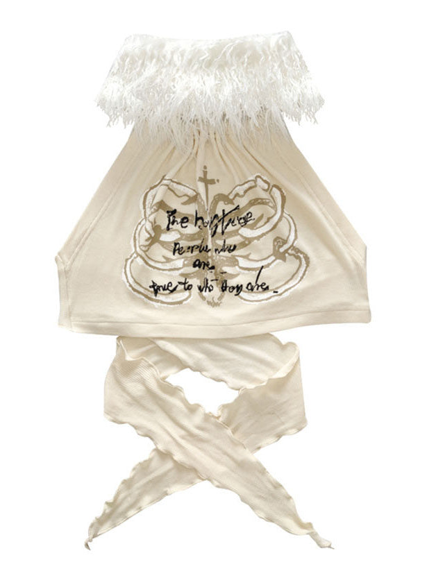 Fuzzy Collar Graphic Halter Top